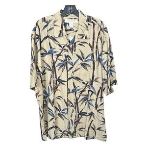 Island Republic Shirt - Tropical Beige & Blue Bamboo Print Silk Button Down - XL